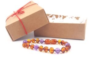 Cognac color amber bracelet with amethyst