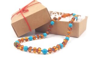 20251230_125743 Cognac color amber necklace with turquise for kids
