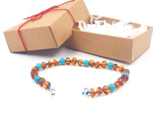 20251230_132557 Pulsera ajustable de ámbar coñac y turquesa